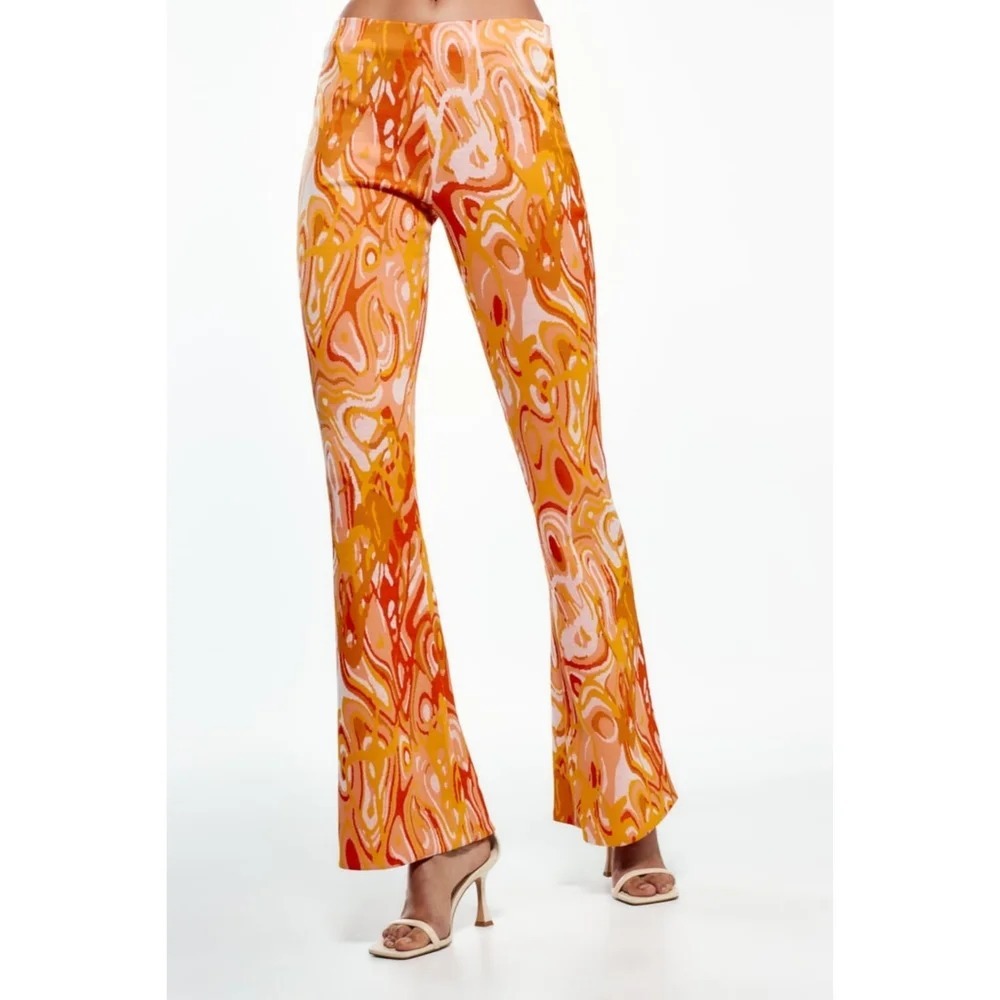 Zara Jacquard Flare Pants M Orange Pink Swirl 70s Retro Disco Groovy Costume